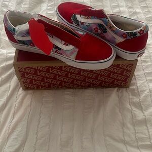 Vans Red and Floral Canvas Slip-Ons